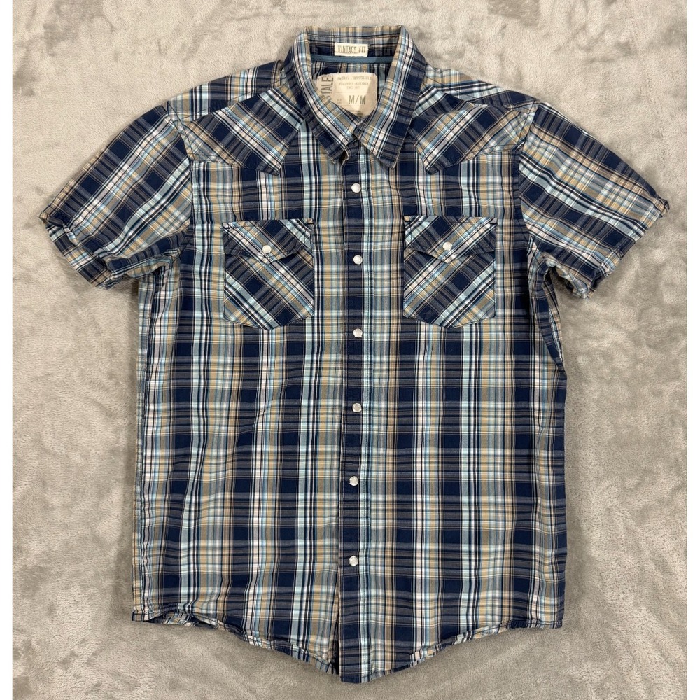 Aeropostale Mens Shirt M Blue Plaid Western Pearl Snap Chest Pockets Vintage Fit